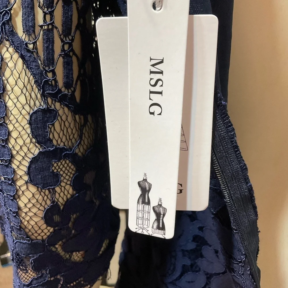Mslg Navy Blue Lace 3/4 Sleeve Special Occasion Dress - Picture 6 of 10